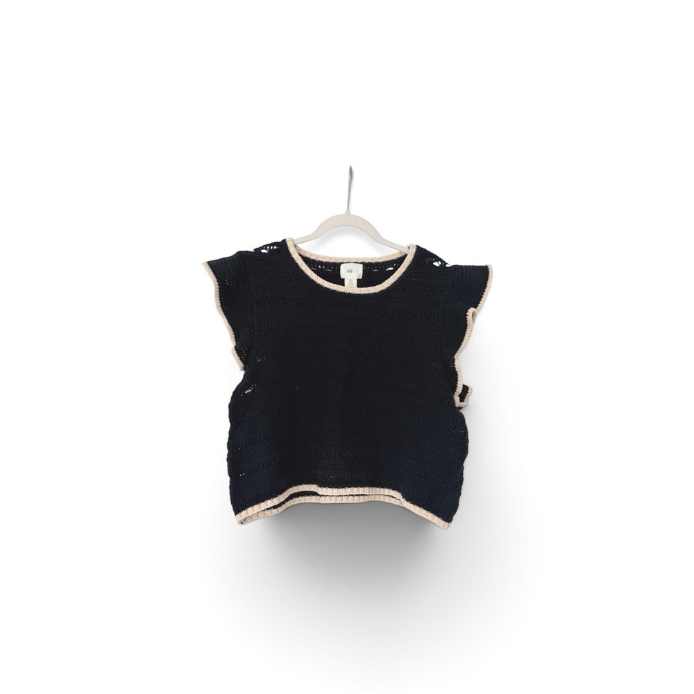 HM Black Crochet Knit Ruffle Sleeve Top Cream Trim XL Boho Cropped‎ Cap Sleeve